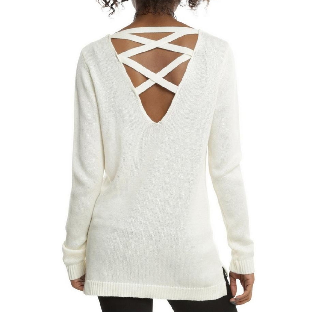 Hot Topic “Life Is Music” Beige Sweater Lace-Up Back Women’s Medium - Picture 2 of 11